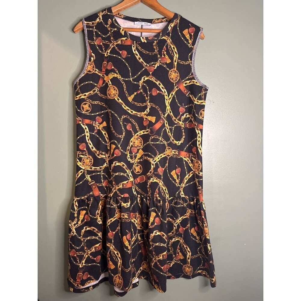 ZARA Women’s M Black Gold Chain Print Peplum Dress Y2K Glam Luxe Party old money